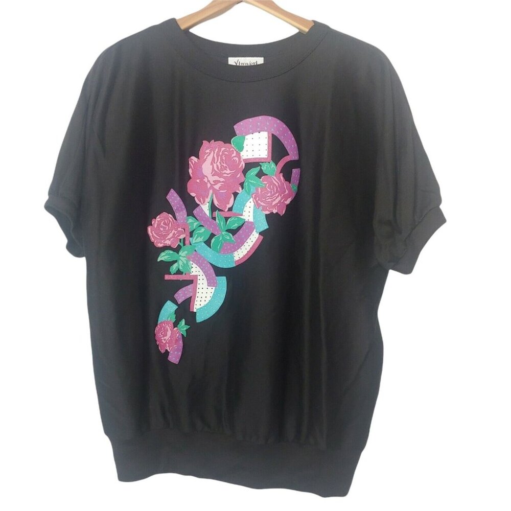Vintage Xtrovert Womens L T Shirt Black Ringer Floral Geometric Graphic Roses